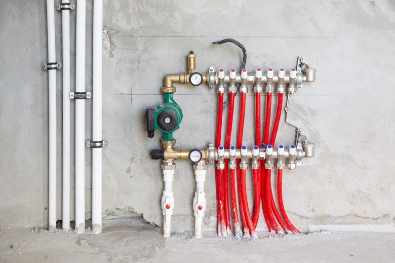 Close-up of a modern central heating manifold system with red and white pipes, showcasing components