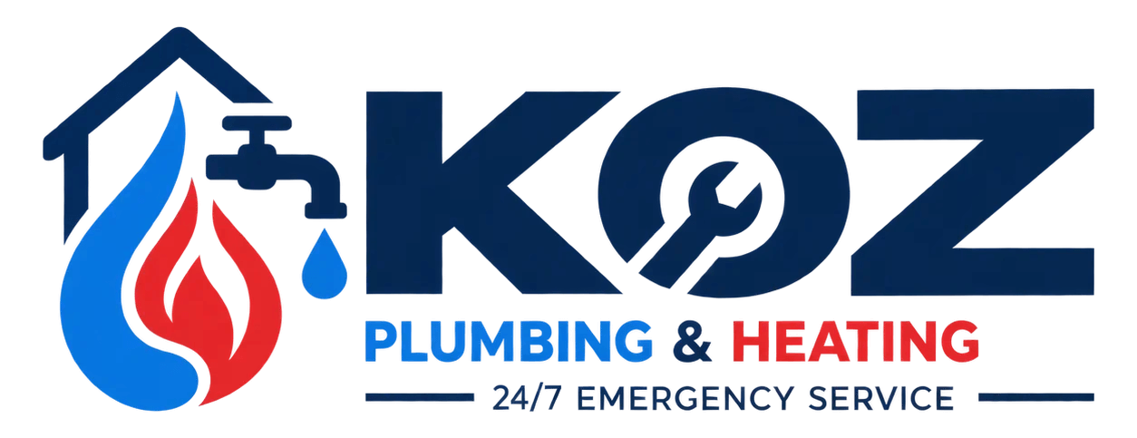 KOZ Plumbing & Heating Ltd logo featuring a blue flame, silver wrench, and chrome faucet,