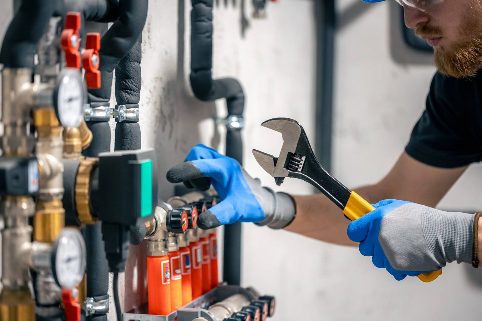 KOZ Plumbing & Heating technician wearing gloves adjusts a heating system valve with a wrench,