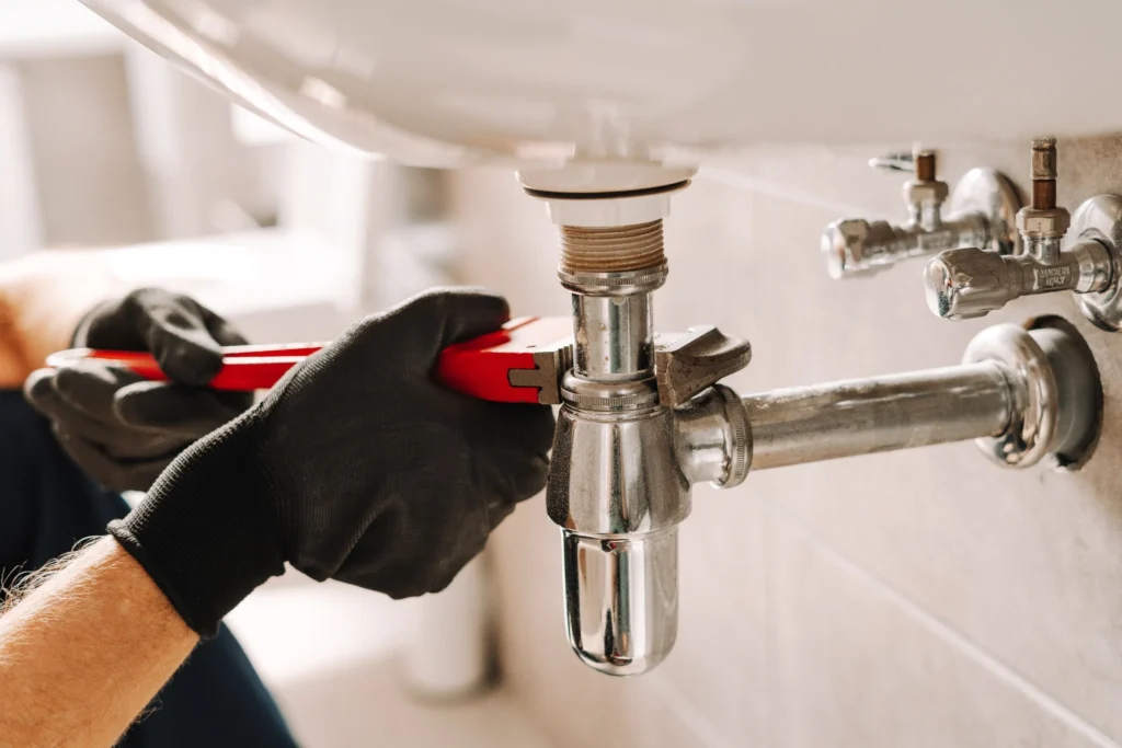 Plumber using an adjustable wrench to repair a sink pipe, demonstrating emergency plumbing services for