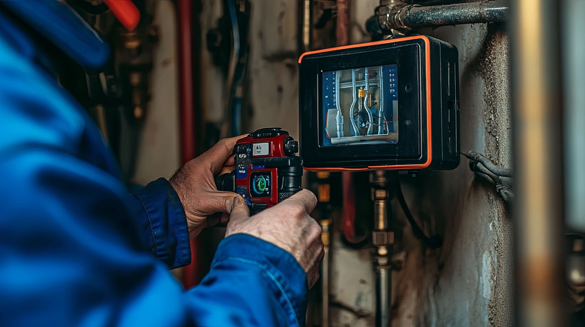KOZ Plumbing & Heating technician using a digital inspection camera to view the interior of