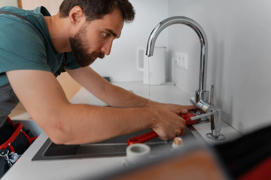 Plumber working on a kitchen faucet, demonstrating professional plumbing services and emergency repairs for homeowners