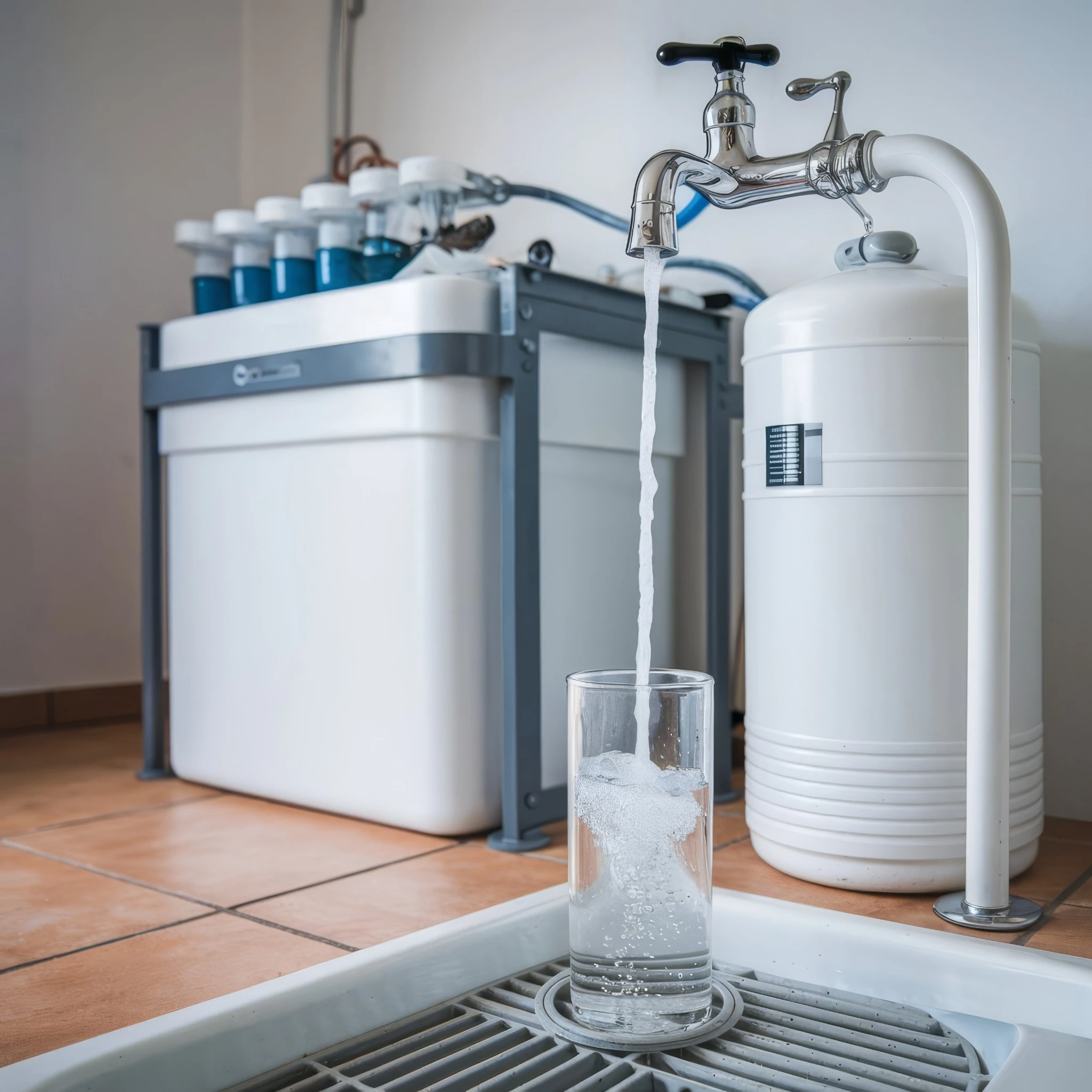 Reverse osmosis water purification system installed in a home, demonstrating clean water flow from a