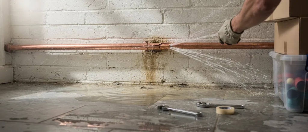 Water floods a Colchester property within minutes once a pipe bursts, soaking floors, ceilings, walls