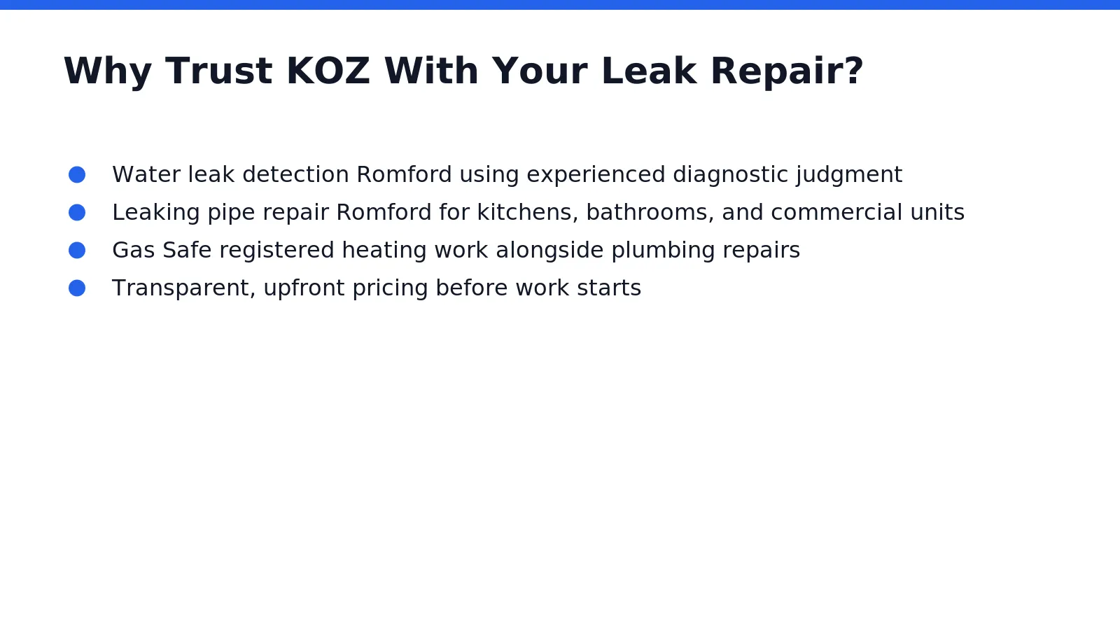 Reliability defines KOZ Plumbing & Heating's response to every Romford household facing a burst pipe